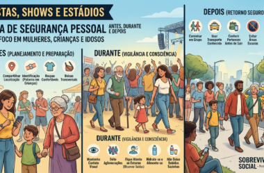 Festas, shows e estádios: guia de segurança pessoal (antes, durante e depois) — com foco em mulheres, crianças e idosos